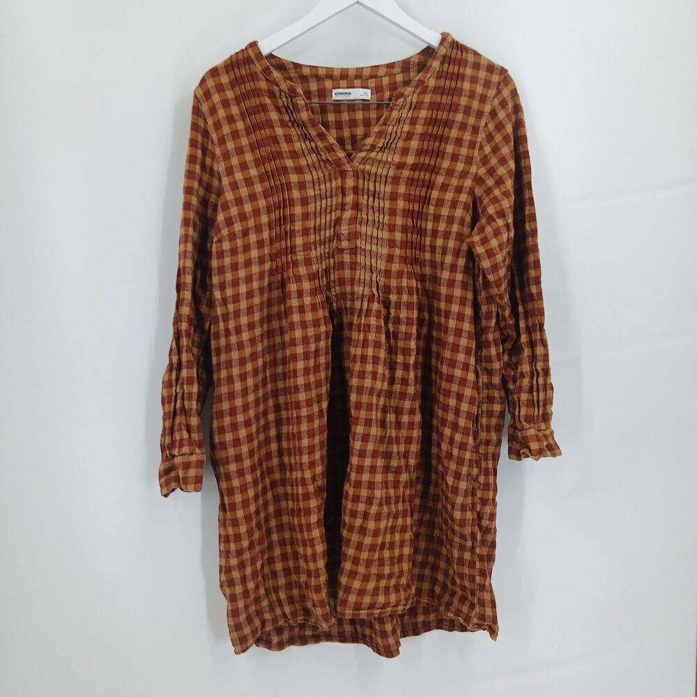Sonoma Goods For Life Brown Plaid 3/4 Sleeve Button Front Shirt Dress Petite PXL